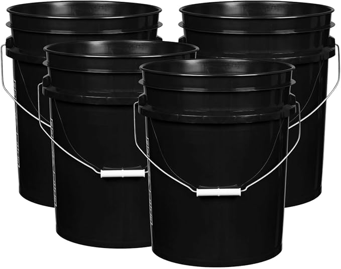 House Naturals 5 Gallon Premium HPDE Plastic Bucket - Made in USA Food Grade Storage Container, BPA Free All Purpose Pail (4, Black)