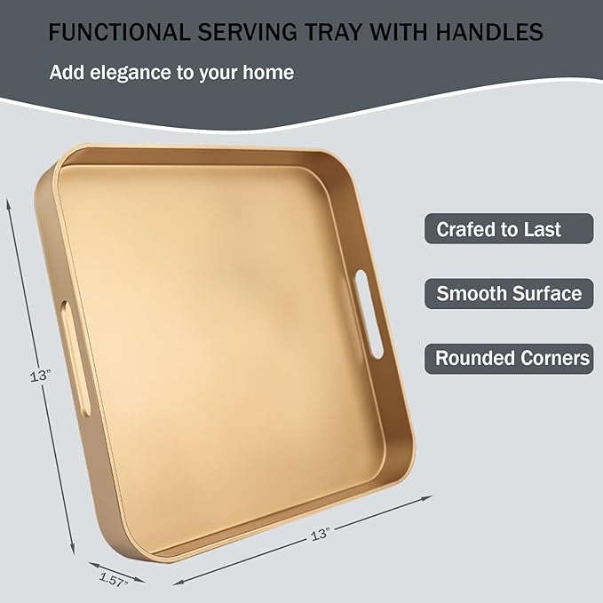 Square Gold Decorative Serving Tray with Handles, Versatile Ottoman Tray for Coffee Table, Entertaining, Outdoor Patio, Living Room, 13”*13”*1.6”