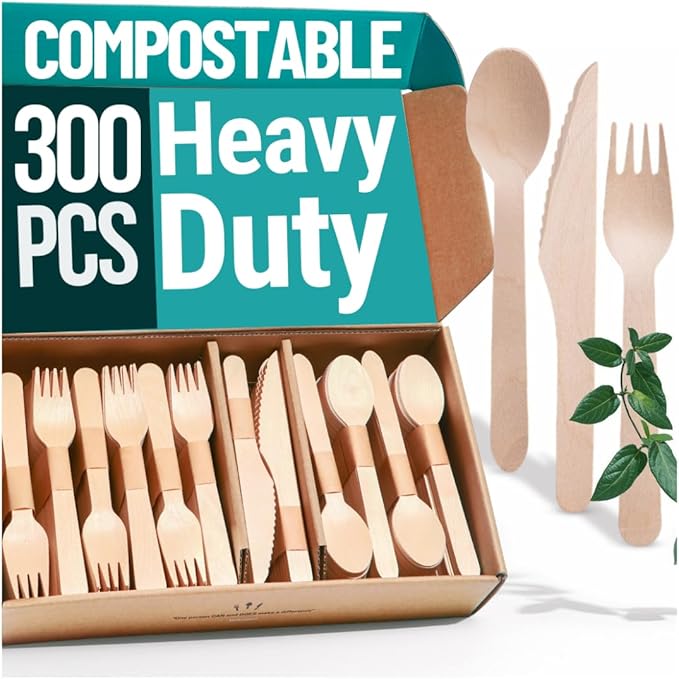 300pcs Disposable Wooden Cutlery Set (150 Forks, 100 Spoons, 50 Knives) Our Heavy Duty Compostable Wood Utensils is FSC Certified Protecting Forests. Zero Plastic Cutlery For Any Occasion