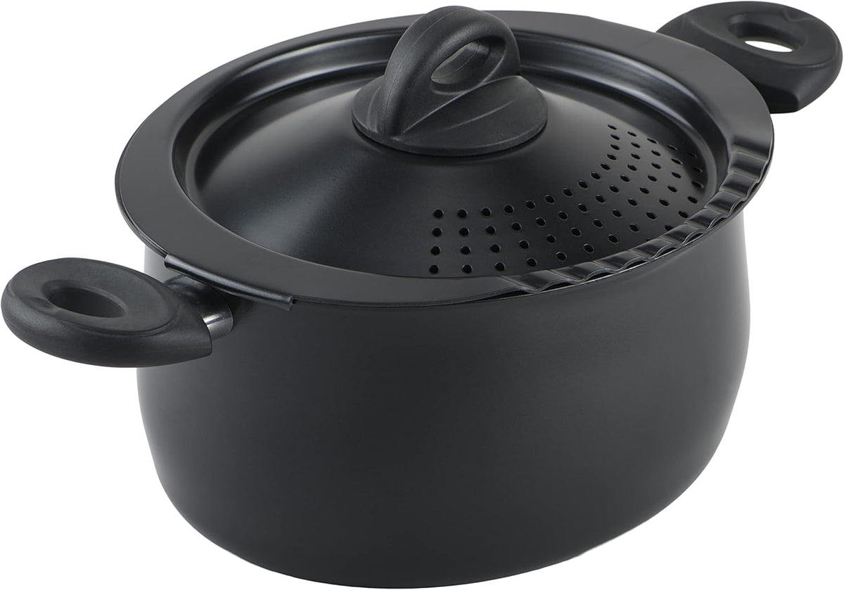 Bialetti 5.5-Quart Nonstick Aluminum Pasta Pot with Strainer Lid and Handles, PFOA-Free Nonstick Oval Cooking Pot and Lid, Black