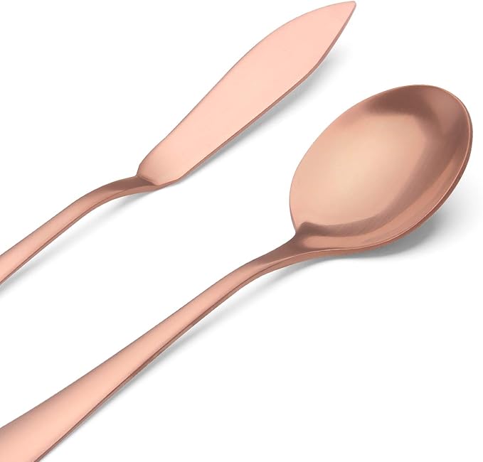 Matte Rose Gold Serving Set，SHARECOOK 5-Piece 18/0 Stainless Steel Large Hostess Set with Round Edge, Satin Finished, Dishwasher Safe -Spoons, Forks,Butter Knife& Slotted Spoon