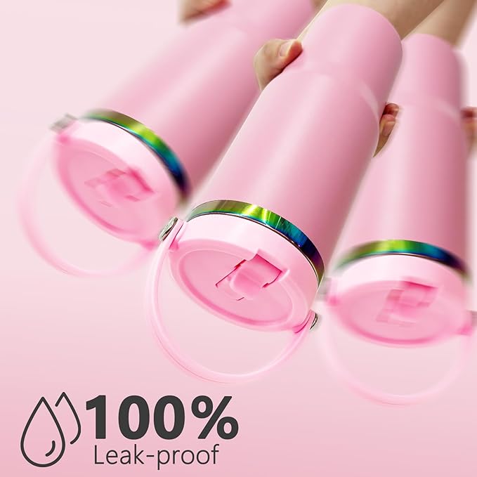 30 oz Tumbler Bulk with Handle and Straw, Vacuum Insulated Tumblers with Flip Straw and Top Handle, Leakproof Powder Coated Tumbler, Stainless Steel Travel Mug for Coffee Water (Pink, 4 Pack)