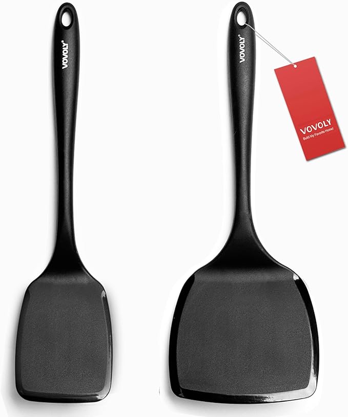 Large Size Silicone Spatula Set, 600°F Heat Resistant Silicone Spatula Turner Flipper for Cooking, Non Stick and Non Scratch Kitchen Utensils for Eggs & Pancakes, 2-Pack, Black