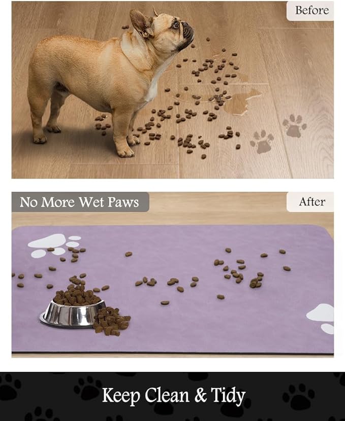 Pet Feeding Mat-Absorbent Dog Mat for Food and Water Bowl-No Stains Quick Dry Water Dispenser Mat-Dog Accessories Pet Supplies-Bowl for Messy Drinkers（Purple,17"x34"