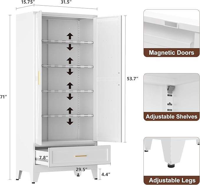 71" Tall Metal Pantry Storage Cabinet with Drawer and Adjustable Shelves, Freestanding Kitchen Cupboard Storage Cabinet for Kitchen,Dining Room, Living Room, White