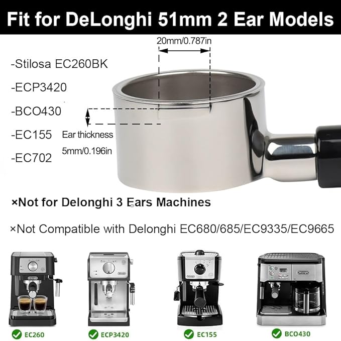 51mm Bottomless Portafilter 2 Ears for Delonghi ECP3420/BCO430/EC260 | Stainless Steel Filter Basket and ABS Handle