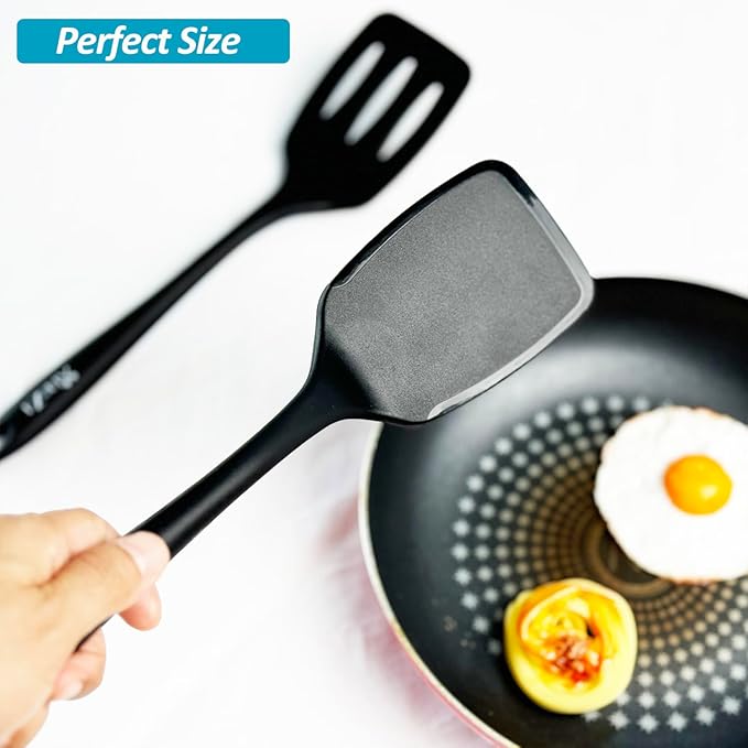 600˚F Heat Resistant Silicone Spatula Set, 13.6" Kitchen Spatula Turners for Non Stick Cookware, Flexible Spatulas with Thin Edges, Seamless Cooking Utensils for Fish, Eggs, Pancakes, BLACK