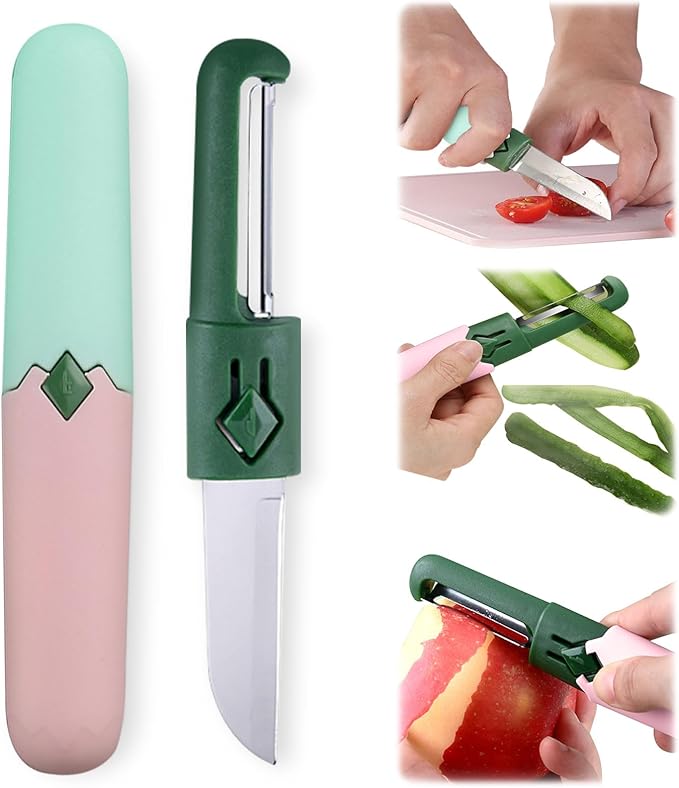 2 in 1 stainless steel Paring knife Peeler; fruit peeler; apple peeler; pear peeler, vegetable peeler, Kitchen Peeler (1, Green Pink)