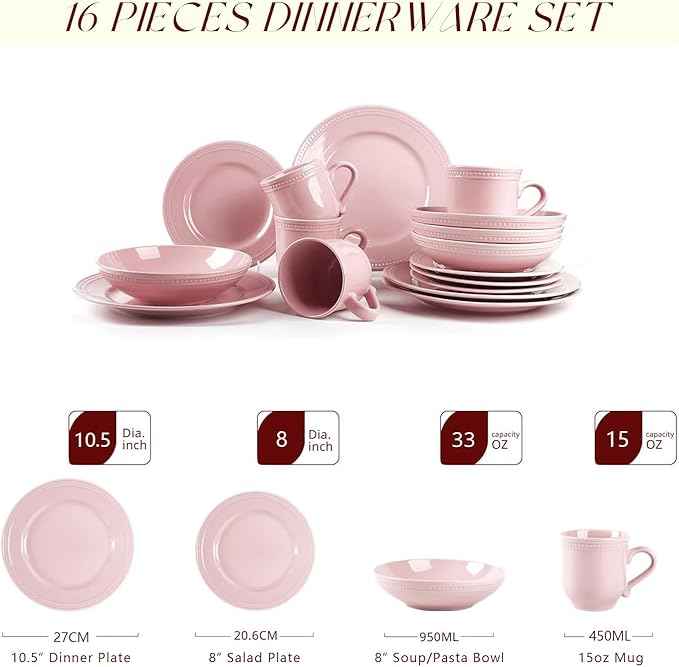 Pearl Dots Stoneware Dinnerware Set(16pc Set, Pink)