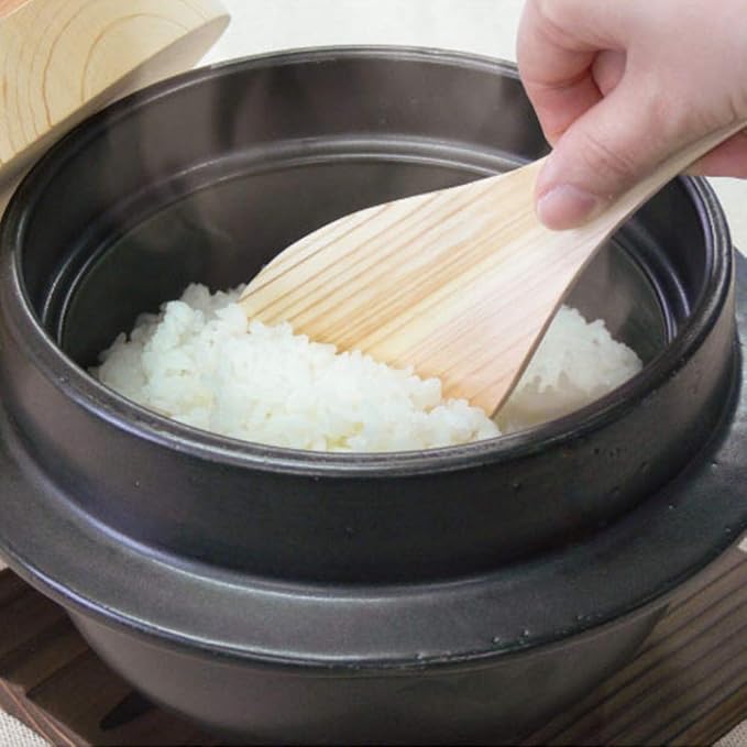 Japanese Rice Cooker Donabe Clay Pot Set, 3 Go (3 Cups), Includes Hinoki Rice Scoop