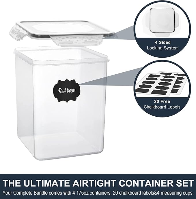 Large Food Storage Containers 5.2L (175oz), MCIRCO 4 Pieces Plastic Airtight Food Storage Containers for Flour, Sugar, Baking Supplies, with 4 Measuring Cups and 20 Labels