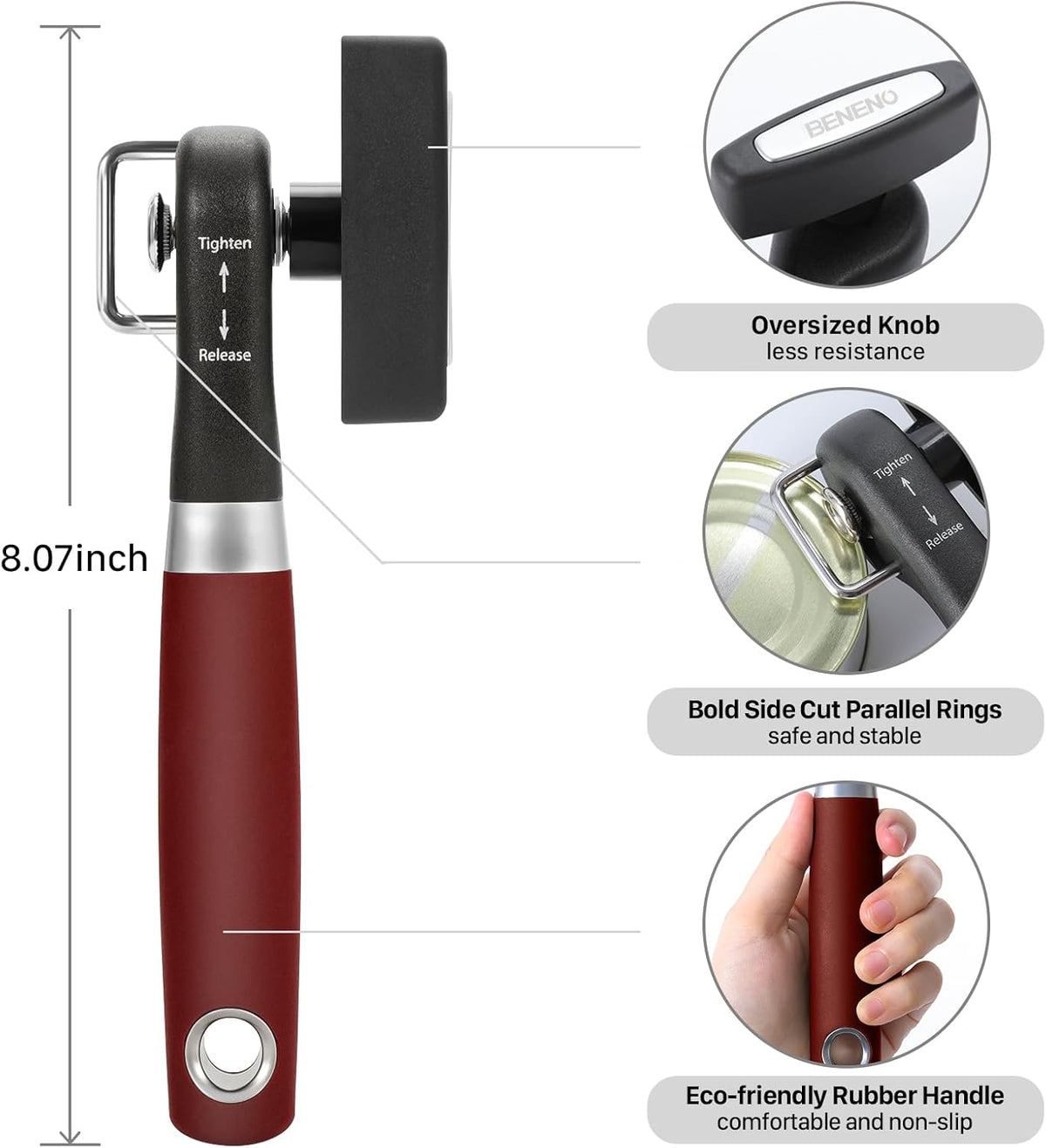 Beneno Can Opener, Manual Side Safe Cut Can Opener Smooth Edge with Durable Sharp Blade, Effort-Saving Knob & Comfortable Non-slip Handle, Red