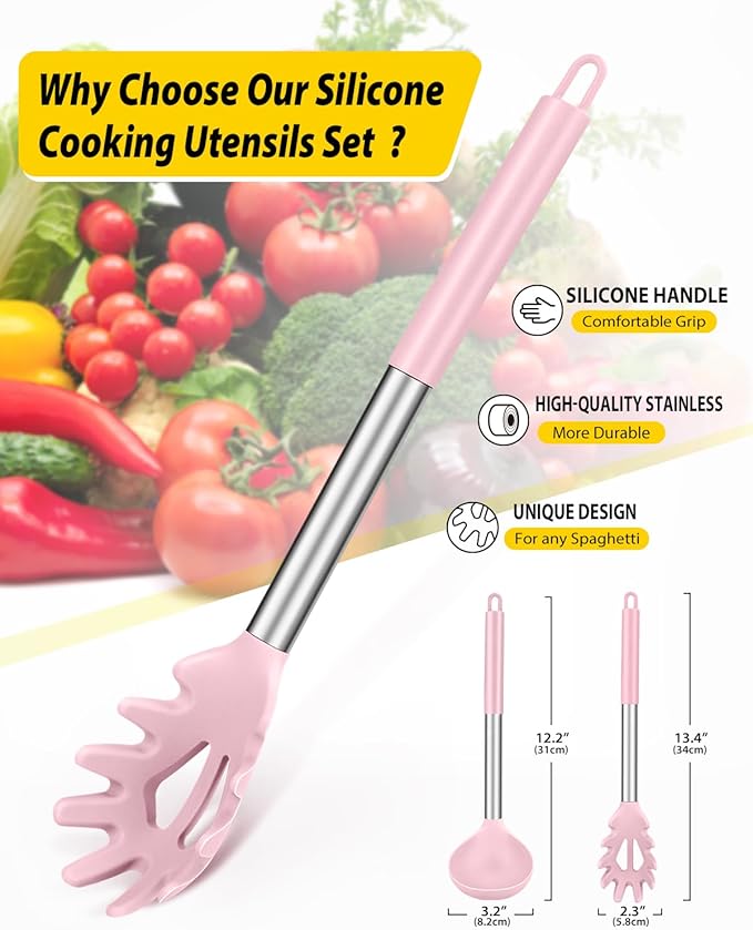 Silicone Pasta Fork and Ladle Spoon Set, Large Non Stick Kitchen Utensils for Cooking,Stirring,Serving Spaghetti, Soup, Sauce (PINK)