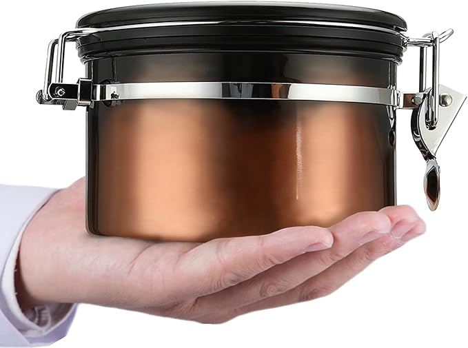 Coffee Canister, Airtight Coffee Container with Date Tracker Lid, Stainless Steel Canister for Kitchen Food Storage (Black-Copper, 9oz)