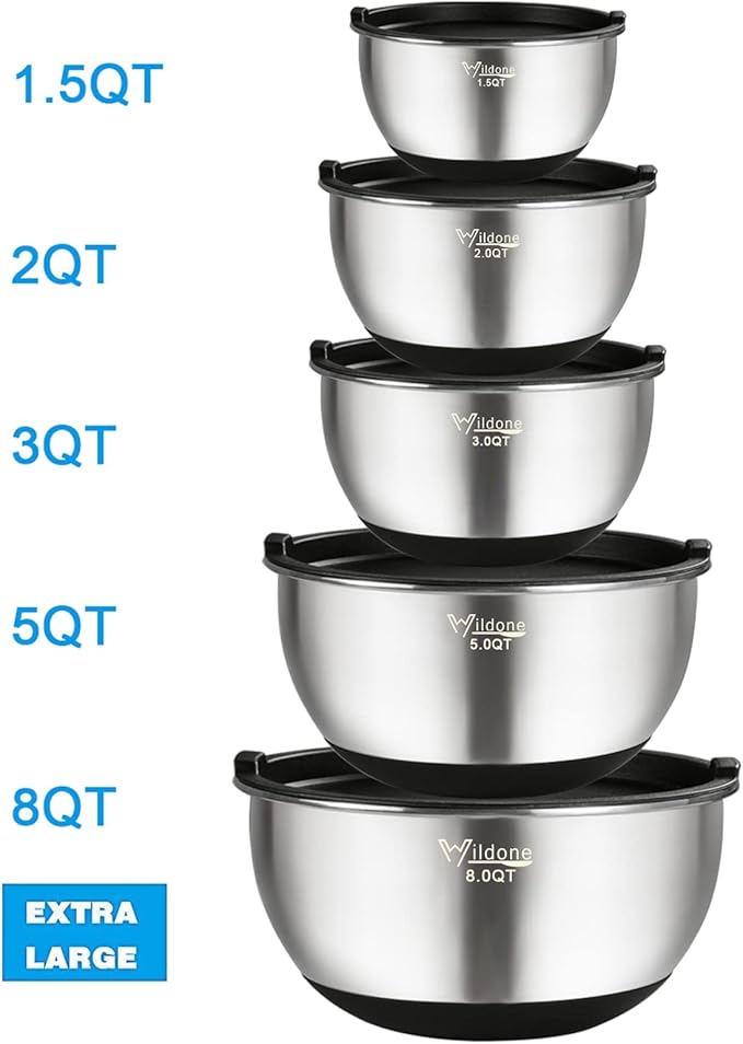 Wildone Mixing Bowls with Airtight Lids, Stainless Steel Nesting Mixing Bowls Set of 5, with Non-slip Silicone Bottoms, Size 8, 5, 3, 2, 1.5 QT, Stackable Design, Great for Mixing and Prepping