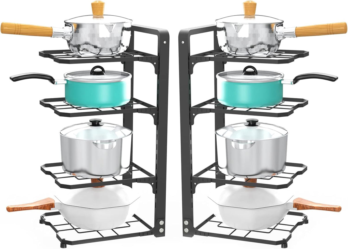2 Pack Pot and Pan Organizer Rack, Heavy Duty Carbon Steel, Adjustable Tiers, Rustproof, Space Saver