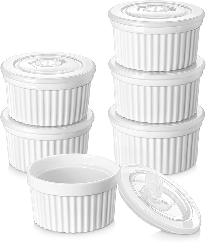 vancasso 10 oz Ramekins with Lid, Porcelain Creme Brulee Souffle Dishes, White Pudding Custard Cups Ramiken for Baking, Dishwasher and Oven Safe, Set of 6