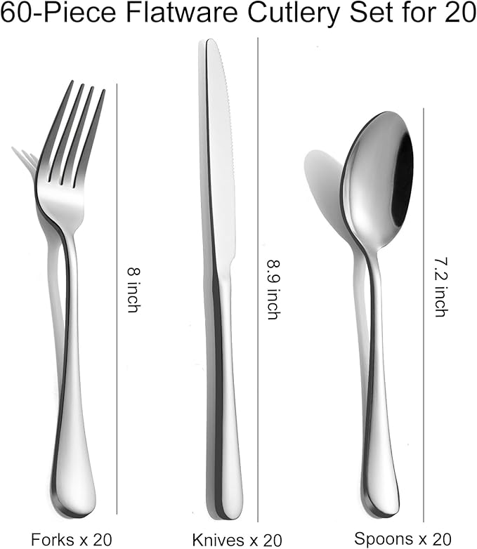 60-Piece Silverware Set for 20 - Stainless Steel Flatware Cutlery Set, Mirror Polished Flatware Set Include Forks Spoons Knives for Home Wedding Restaurant, Dishwasher Safe, Silver, 60 PCS