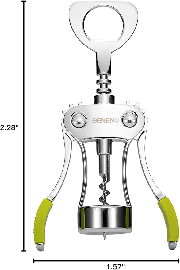 Beneno Wine Opener, Zinc Alloy Premium Wing Corkscrew with Multifunctional Bottles Opener, Sharp Wine Corkscrew with Ergonomic Non-Slip Wing Handle, Upgrade Green
