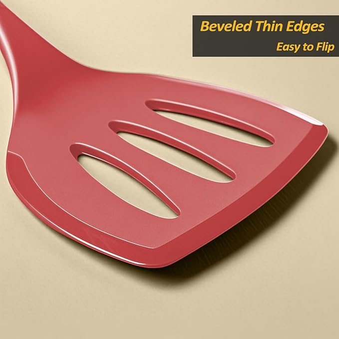 Silicone Pancake Spatula Turner with Lengthened Handle& Seamless Design, Heat Resistant Slotted Flipper for Nonstick Cookware, Large Flexible Kitchen Utensils for Egg, Pancake, Burger, Red