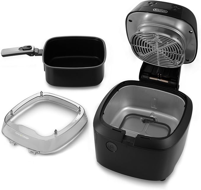 De'Longhi Rapid Crisp Air Fryer, 5-Quart, 1700-Watt XL Cooker, Fries, Crisps, Roasts, Bakes, 5 Preset Functions, Pizza Setting, Up to 20% Faster Cooking, Easy Clean Nonstick, 360° Viewing, Black