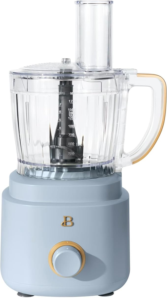 Beautiful by Drew Barrymore 10-Cup Food Processor, 500-Watts, Variable Speed, Pulse, 3" Wide Feed Tube, Stainless Steel Blades, Dishwasher Safe, Large Bowl, Accessories Included (Cornflower Blue)