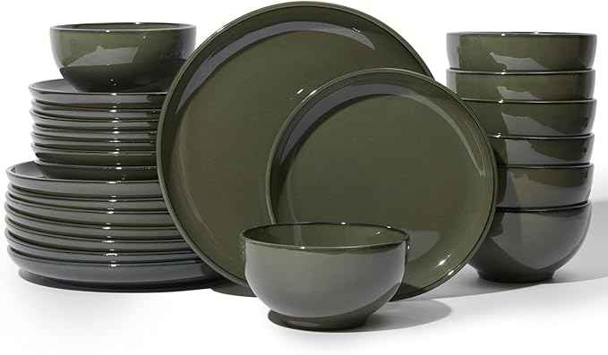 24 Piece Dinnerware Set for 8, Santorini Mist Terracotta Plates and Bowls Sets, Complete Stoneware Dish Set for Large Families and Entertaining, Microwave & Dishwasher Safe, Blackish Green