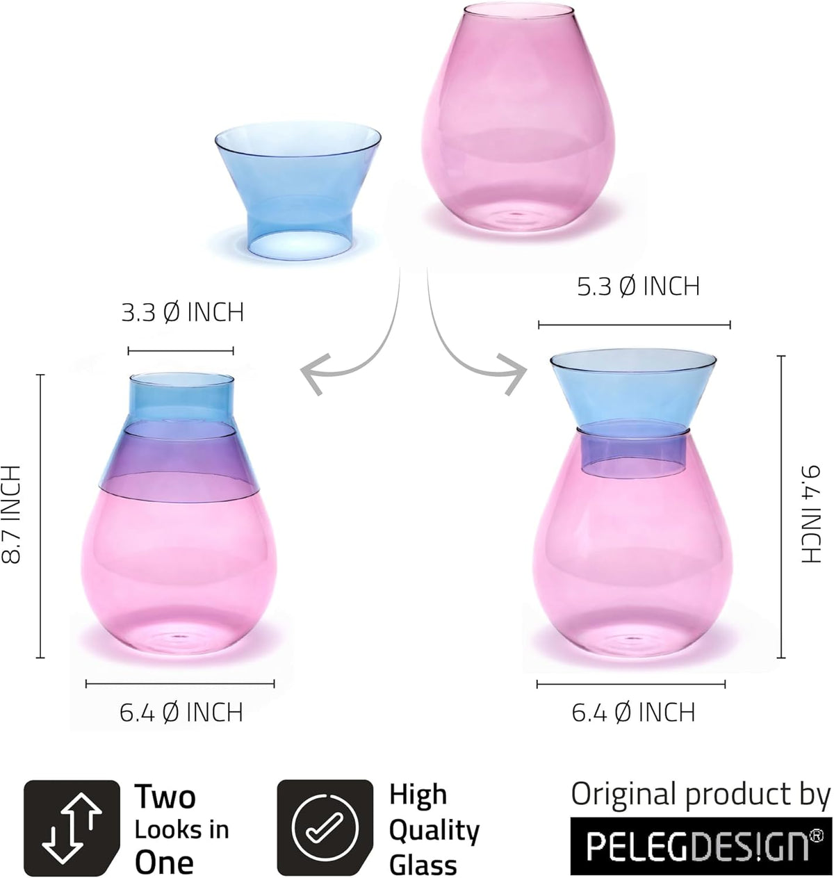 Peleg Design Twotone Home Décor in 3 Colors - Round Glass Vase for Flower Bouquets - Decorative Vase with Flippable Top - Glass Vases for Centerpieces