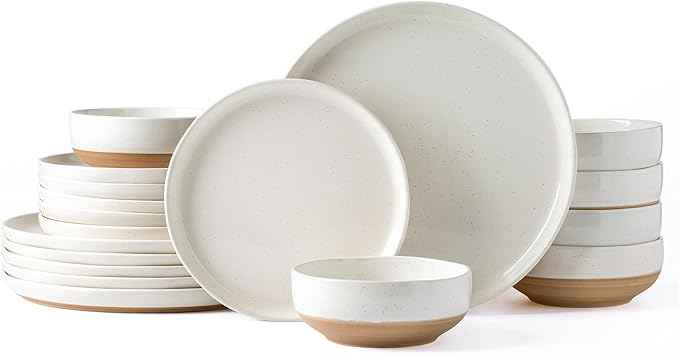AmorArc Ceramic Dinnerware Sets for 6, 18 Pieces Handpainted Plates and Bowls Set with Rustic Terracotta Underside, Scratch Resistant Stoneware Dishes Set, Dishwasher & Microwave Safe,Light Beige