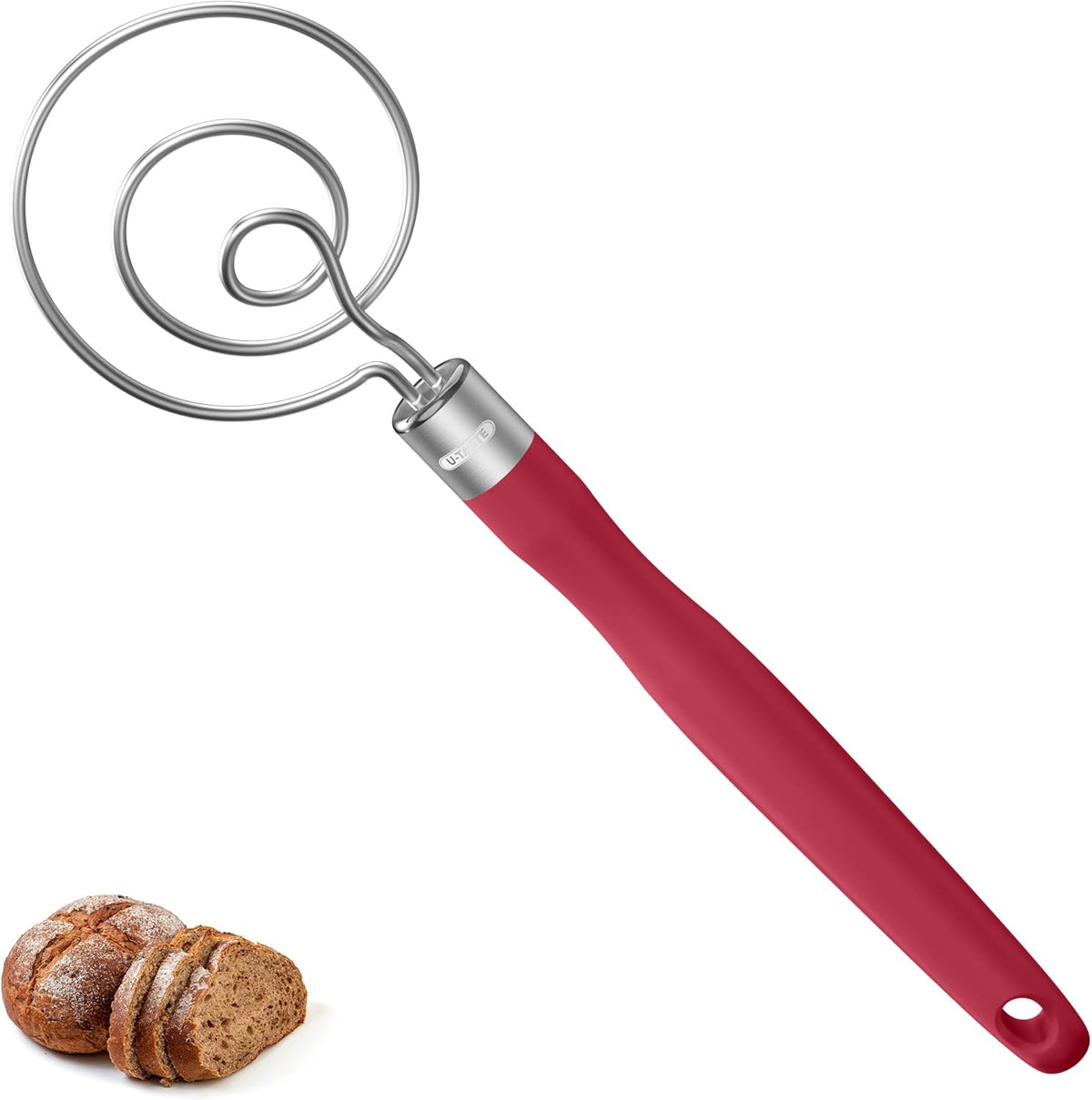U-Taste 12.6in Danish Dough Whisk: 18/8 Stainless Steel Heavy-Duty Sourdough Mixer Tool, Food Grade Dutch Style Seamless Bread Wisk, Sturdy for Mixing, Stirring, Pressing, Kneading Thick Batter (Red)