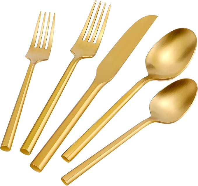 DEACORY Silverware Set Flatware Set Matte Gold Cutlery Set Brushed Brass Heavy Hexagon Handle Stainless Steel 40 Pieces Dishwasher Safe Service for 8