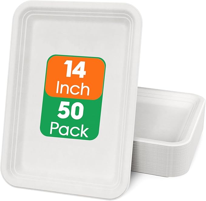 ECOLipak 50 Pack 14 Inch Disposable Food Crawfish Trays, Compostable Large Paper Plates, Disposable Thanksgiving Trays for Serving Food, Turkey, BBQ, Seafood Boil Party Supplies(White)