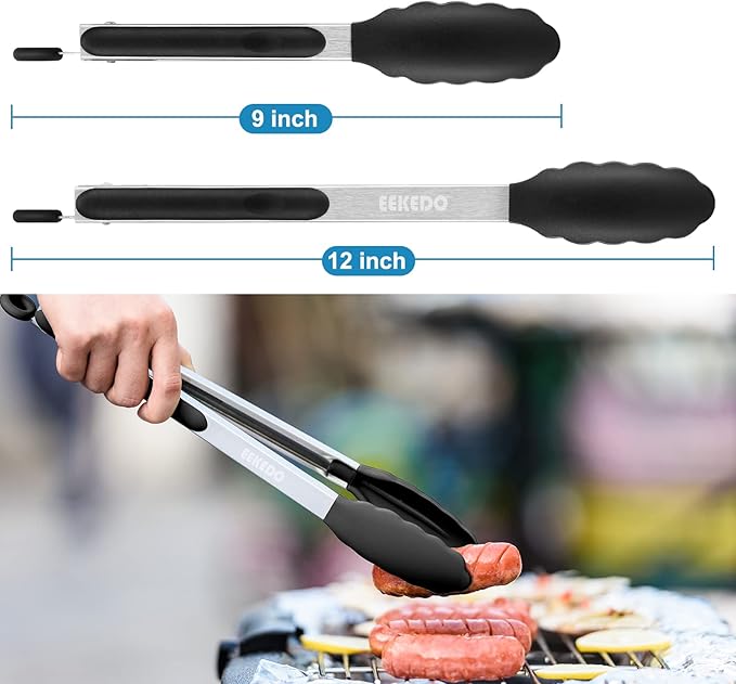 Kitchen Tongs, Stainless Steel Silicone Tongs for Cooking 600ºF High Heat-Resistant BBQ Grilling Locking Tongs, Set of 2-9" and 12" Black