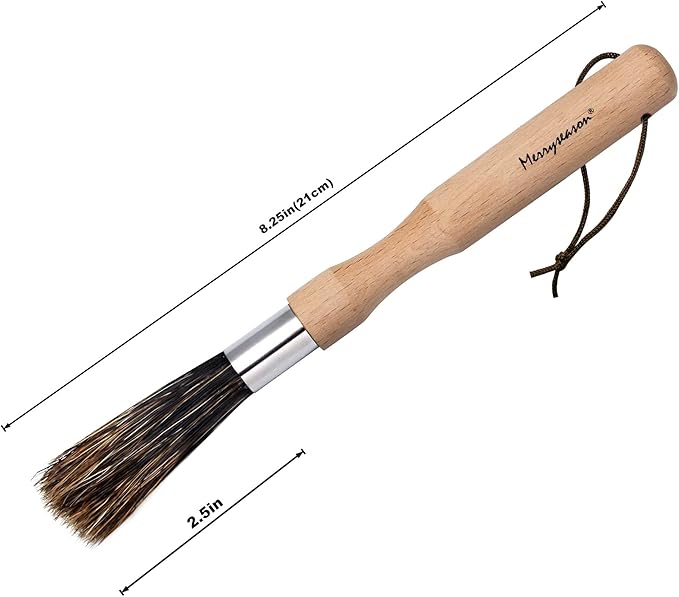 Coffee Grinder Cleaning Brush - Espresso Maker/Machine Cleaner Tool for Home Kitchen Barista - Beechwood Wood Handle, Natural Boar Bristles, Leather Hanging Loop, 8"