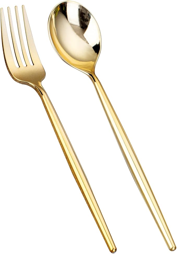 SUT 100PCS Gold Plastic Forks and Spoons Heavy Duty Set, Gold Disposable Silverware, Gold Cutlery, Gold Disposable Utensils, Plastic Flatware Includes 50 Forks, 50 Spoons for Party