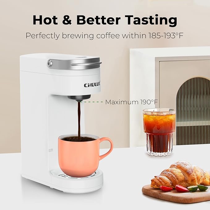 CHULUX Slim Single Serve Coffee Maker for K Pod, One Cup Coffee Maker Fits 7.3" Travel Mugs, Coffee Machine with 6 to 12oz Brew Sizes, Pearl White