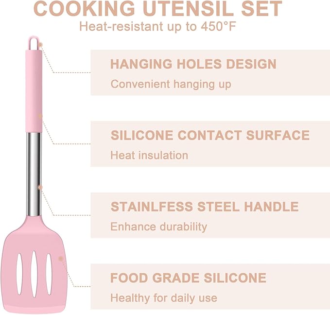 E-far Silicone Cooking Utensils Set, 7 Pcs Heat Resistant Kitchen Utensils with Stainless Steel Handle, Slotted Turner, Spoon, Soup Ladle, Pasta Server, Skimmer, Tongs for Nonstick Cookware, Pink
