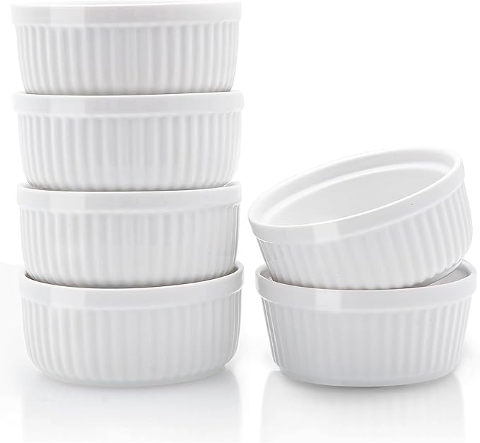 Nuwave Ceramic Ramekins 8 oz, Set of 6, Elegant Classic Style for Baking Souffles, Creme Brulées, Custards, Puddings, 4.3” Wide & 2” Tall, Microwave, Oven & Dishwasher-Safe, Ivory White (6)