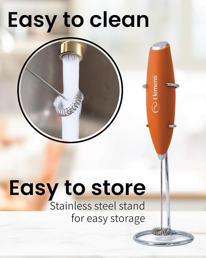 Elementi Portable Milk Frother & Stand – Compact Mixer for Powdered Drinks and Coffee, Electric Whisk Hand Blender, Specialty Kitchen Appliance (Pumpkin Orange)