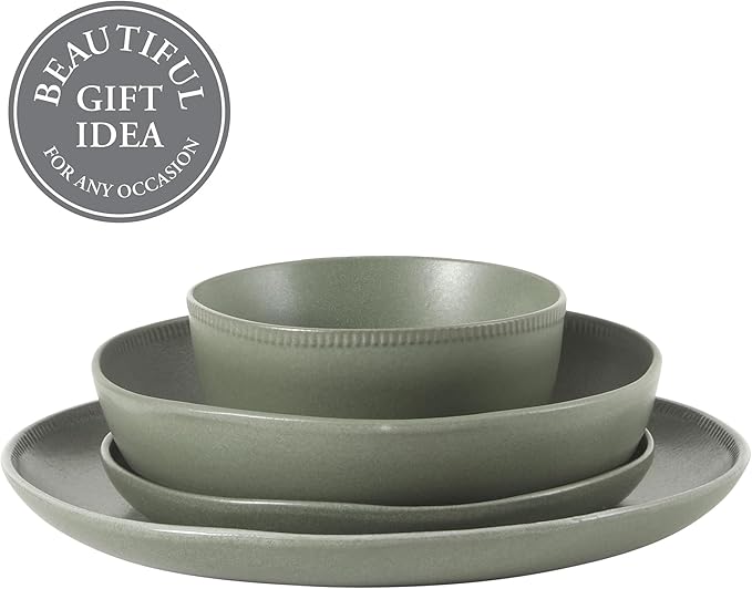 Gibson Elite Menlo Park 16-Piece Pottery Clay Stoneware Dinnerware Set – Green Reactive Glaze, Organic Shape Embossed Plates and Bowls W/Pasta Bowl, Service for 4 – Microwave & Dishwasher Safe