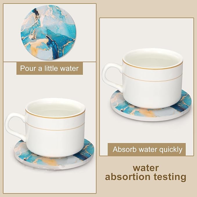 6 Pcs Light Blue Marble Abstract Ceramic Coasters with Holder Best Round Drink Absorbent Coasters for Desk, Lounge, Coffee, Wine, Beverage, Dining Table Decor, Bar Coaster Set