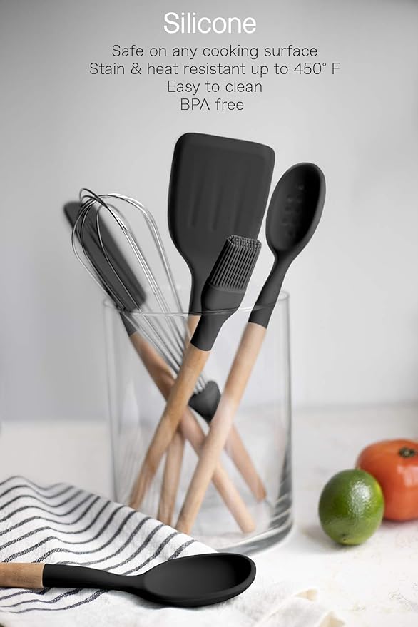 Country Kitchen Non Stick Silicone Utensil Set with Rounded Wood Handles for Cooking and Baking, 6 Piece Set, Black