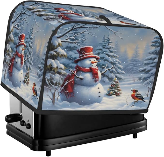 2 Slice Toaster Cover,Snowy Forest Christmas Tree Snowman Bird Small Kitchen Appliance Bread Machine Cover with Pockets,Dust & Fingerprint Protection