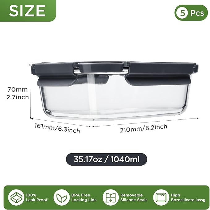 Glass Food Storage Containers with Lids, 5 Pack of 36oz, Glass Meal Prep Container with Airtight Lids, Microwave Safe Food Container Set, BPA Free, LeakProof, Ideal for Lunch