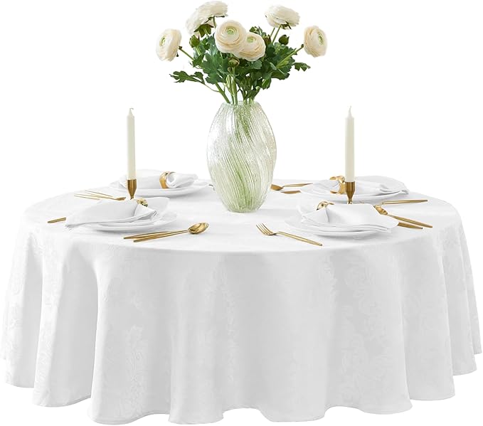 Newbridge Barcelona Luxury Damask Fabric Tablecloth, 70” Round, White, 100% Polyester, No Iron, Soil Resistant Dining Room, Party and Banquet Table Cover
