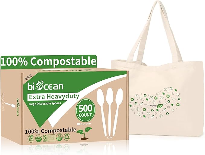 Extra Heavyduty Compostable Spoons [500 Count,6.7In] Disposable Cutlery No Plastic Spoons Large Biodegradable Utensils Eco Friendly Silverware for Party,BBQ,Daily Use [With Tote]
