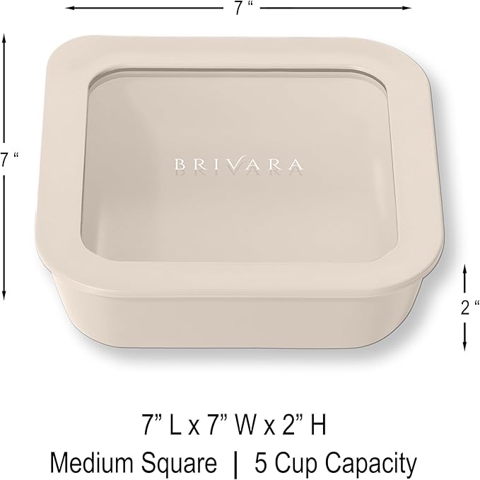 Ceramic Coated Glass Food Storage Container | No PTFE, PFOA, PFAS, and BPA | Reusable Non Toxic Meal Prep Container with Glass Lid | Easy To Store | 5 Cup Square [Crema]