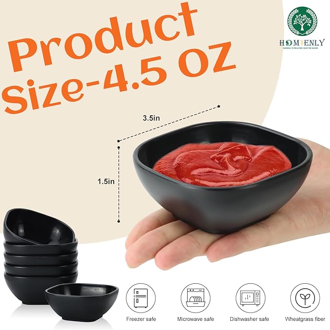 Homienly Soy Sauce Dishes,Wheat Straw Small Bowls Set of 6-4.5 OZ Small Dessert Bowls,Unbreakable Dipping Bowls,Dipping Sauce Cups,Mini Prep Bowls, Dip Bowls for Side Dish - Black