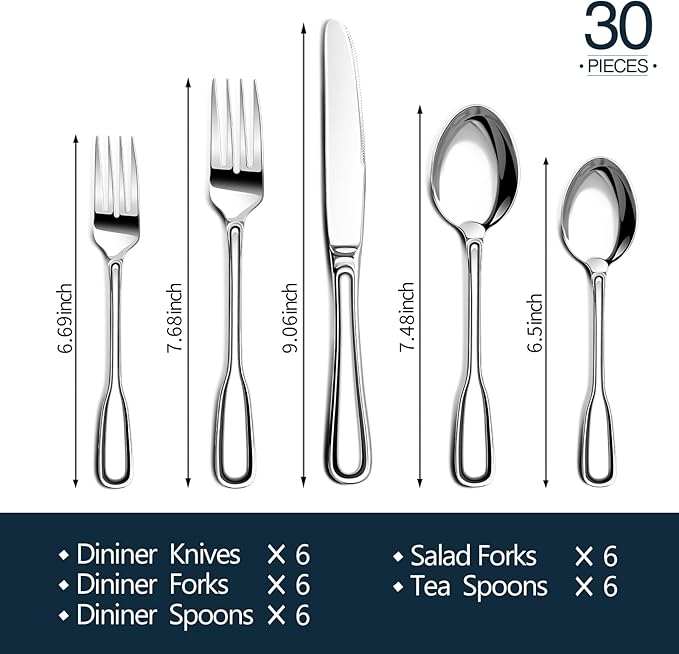Silverware Set for 6, Stainless Steel Cutlery Set with Wide Handles, Mirror Polished Utensils Heavy Duty Spoons and Forks Set for Kitchen, Dishwasher Safe (Silver, 30 Pieces for 6)