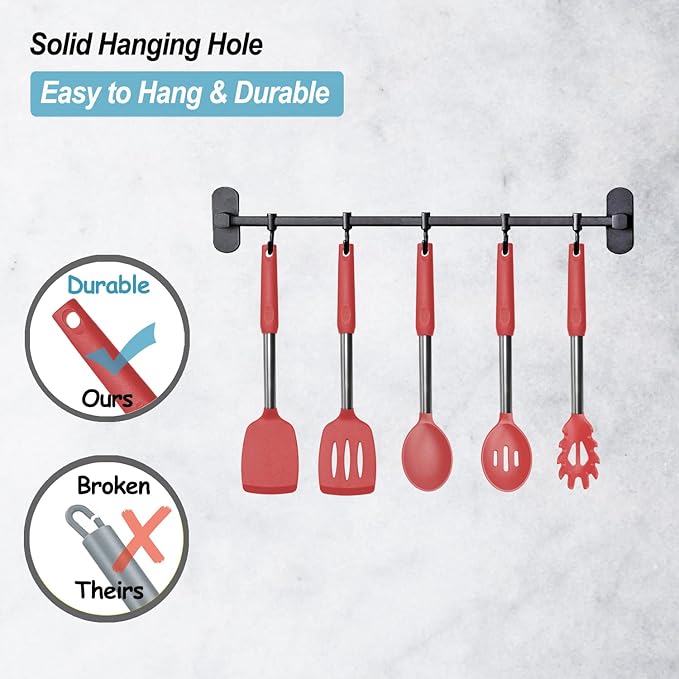 Silicone Spatula and Cooking Spoon,5 Pack Non-Stick Cooking Utensils for Kitchen，Heat Resistant Solid & Slotted Spoons and Spatulas, Stainless Steel Handle Coated with Silicone,Red